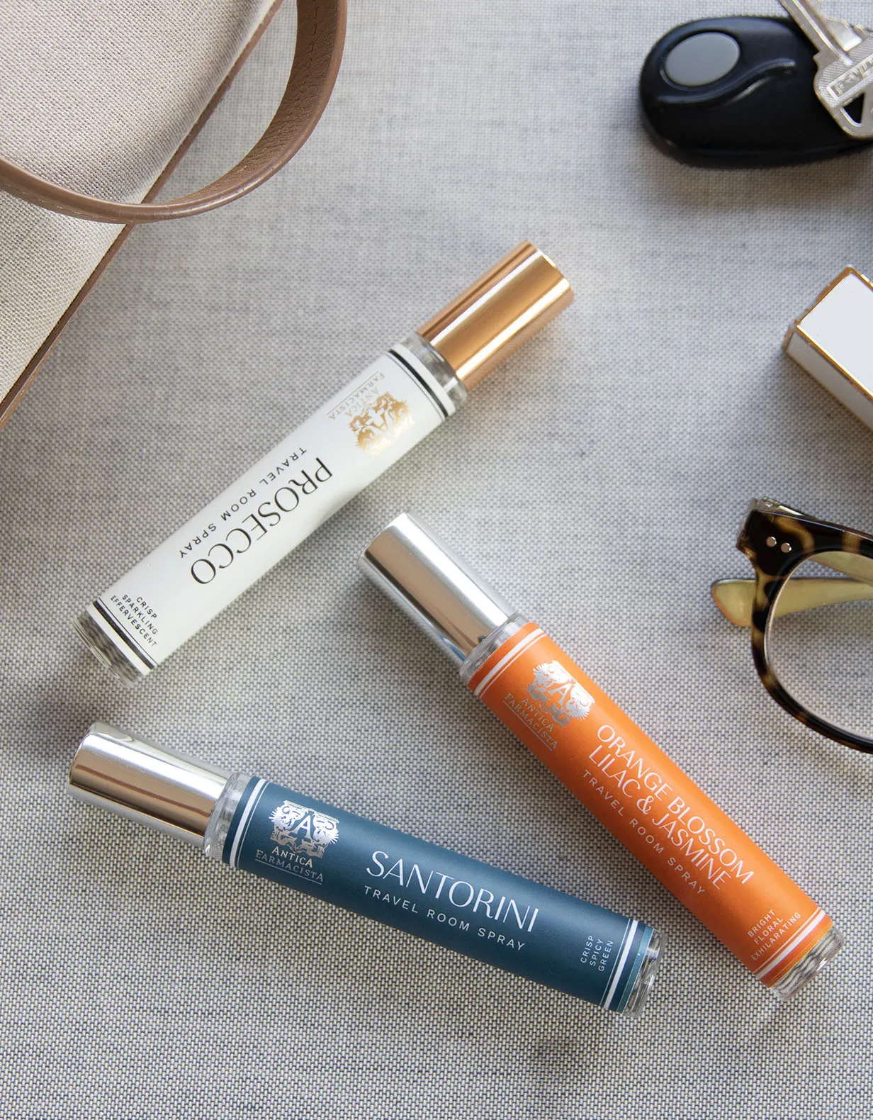 Travel Room Spray Trio  Orange Blossom, Prosecco, Santorini (10ml) Antica Farmacista
